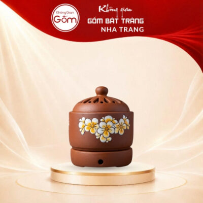 Lư điện xông tinh dầu gốm đỏ họa tiết hoa mai vẽ tay NT-XTD01