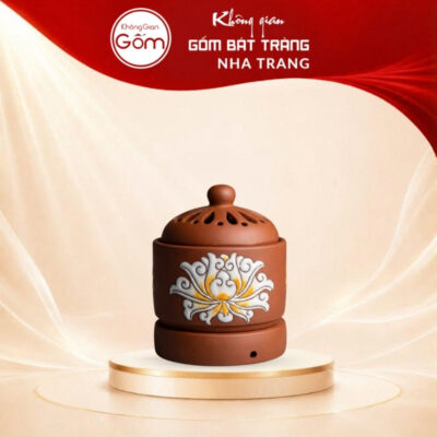 Lư điện xông tinh dầu gốm đỏ họa tiết hoa sen vẽ tay NT-XTD02