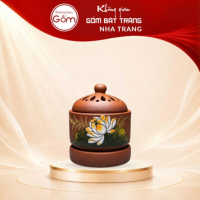 Lư điện xông tinh dầu gốm đỏ vẽ tay họa tiết hoa sen NT-XTD03
