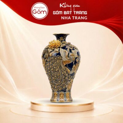 Mai bình Bát Tràng men xanh dương dát vàng Công Danh Phú Quý NT-MB06