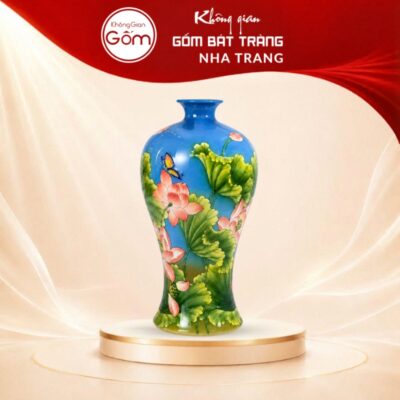 Mai bình tích lộc Bát Tràng vẽ sơn mài họa tiết sen hồng NT-MB08