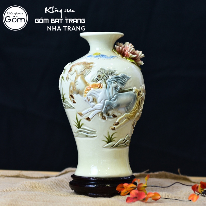 Mai bình tích lộc men kem đắp nổi họa tiết Mã Đáo Thành Công NT-MB03 - Ảnh 3