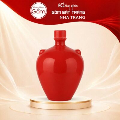 Nậm rượu gốm sứ Bát Tràng dáng bầu tròn nhị núm vai màu đỏ bóng NT-NR05 - Ảnh đại diện
