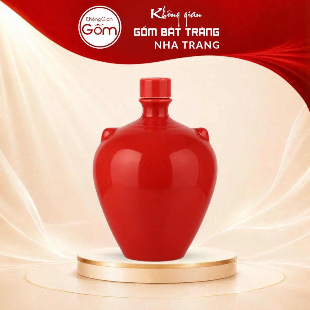 Nậm rượu gốm sứ Bát Tràng dáng bầu tròn nhị núm vai màu đỏ bóng NT-NR05