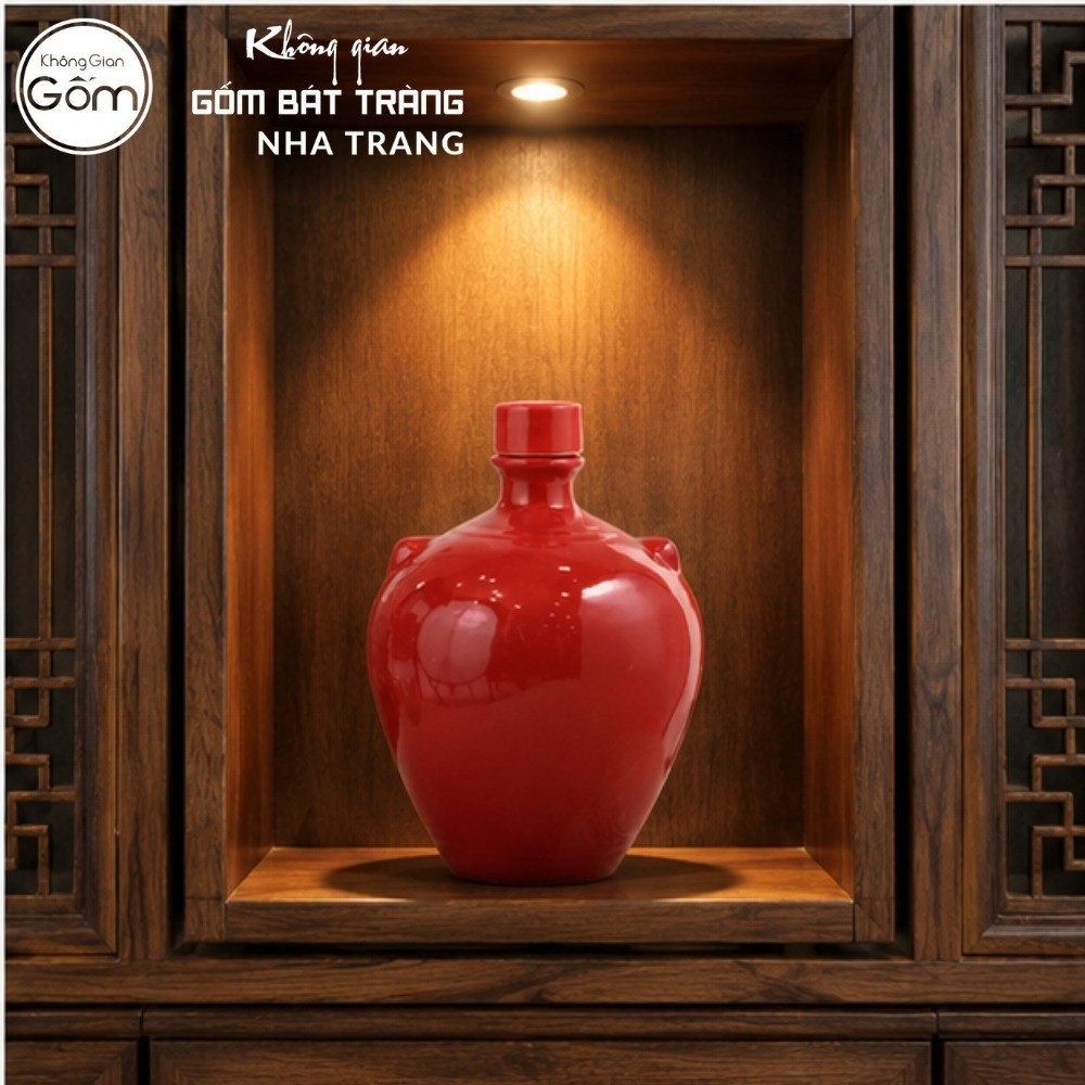 Nậm rượu gốm sứ Bát Tràng dáng bầu tròn nhị núm vai màu đỏ bóng NT-NR05 - Chi tiết 4