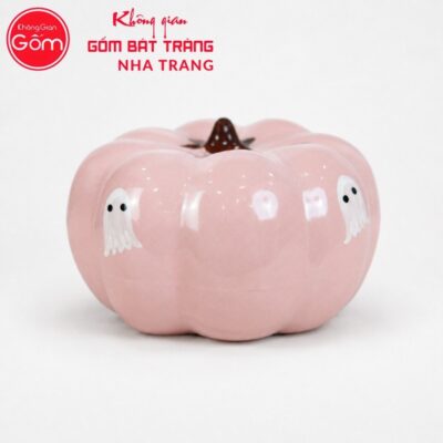 Ống tiết kiệm Bát Tràng dảng quả bí ngô màu hồng hoạ tiết Halloween NT-HĐ05 - Chi tiết 1