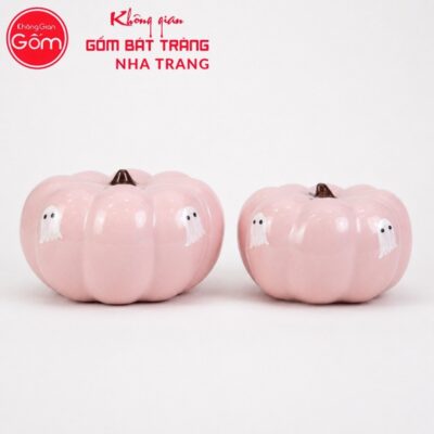 Ống tiết kiệm Bát Tràng dảng quả bí ngô màu hồng hoạ tiết Halloween NT-HĐ05 - Chi tiết 2