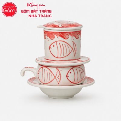 Phin Pha Cà Phê Gốm Sứ Bát Tràng Màu Trắng Hoạ Tiết Đàn Cá Đỏ NT-PCF08 - Chi tiết 1