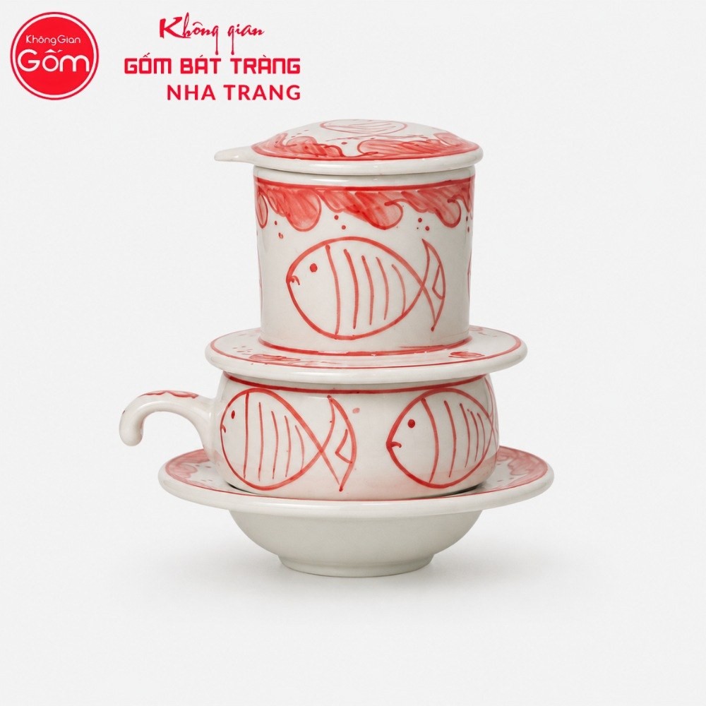 Phin Pha Cà Phê Gốm Sứ Bát Tràng Màu Trắng Hoạ Tiết Đàn Cá Đỏ NT-PCF08 - Chi tiết 1