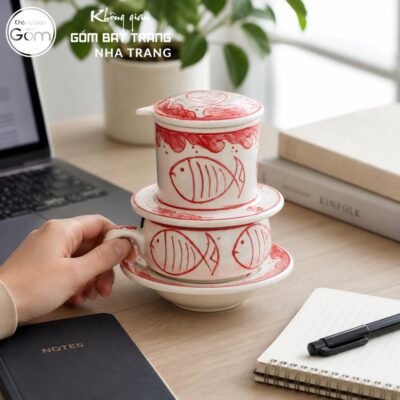Phin Pha Cà Phê Gốm Sứ Bát Tràng Màu Trắng Hoạ Tiết Đàn Cá Đỏ NT-PCF08 - Chi tiết 3