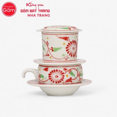 Phin Pha Cà Phê Gốm Sứ Bát Tràng Màu Trắng Hoạ Tiết Hoa Dây Đỏ NT-PCF06 - Chi tiết 1