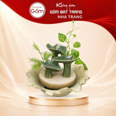 Thác nước tiểu cảnh để bàn Bích Diệp Lưu Thuỷ men xanh lá hoả biến NT-TN01 - Ảnh đại diện
