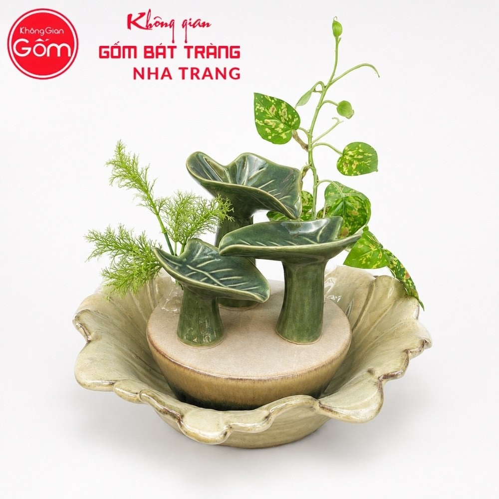 Thác nước tiểu cảnh để bàn Bích Diệp Lưu Thuỷ men xanh lá hoả biến NT-TN01 - Chi tiết 1