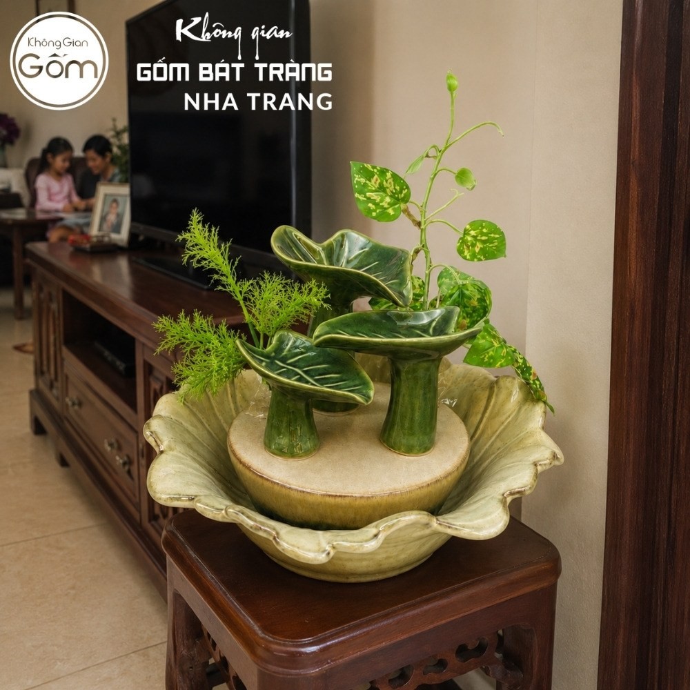 Thác nước tiểu cảnh để bàn Bích Diệp Lưu Thuỷ men xanh lá hoả biến NT-TN01 - Chi tiết 2
