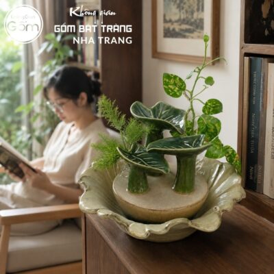 Thác nước tiểu cảnh để bàn Bích Diệp Lưu Thuỷ men xanh lá hoả biến NT-TN01 - Chi tiết 3