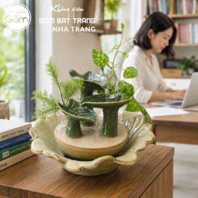 Thác nước tiểu cảnh để bàn Bích Diệp Lưu Thuỷ men xanh lá hoả biến NT-TN01 - Chi tiết 4
