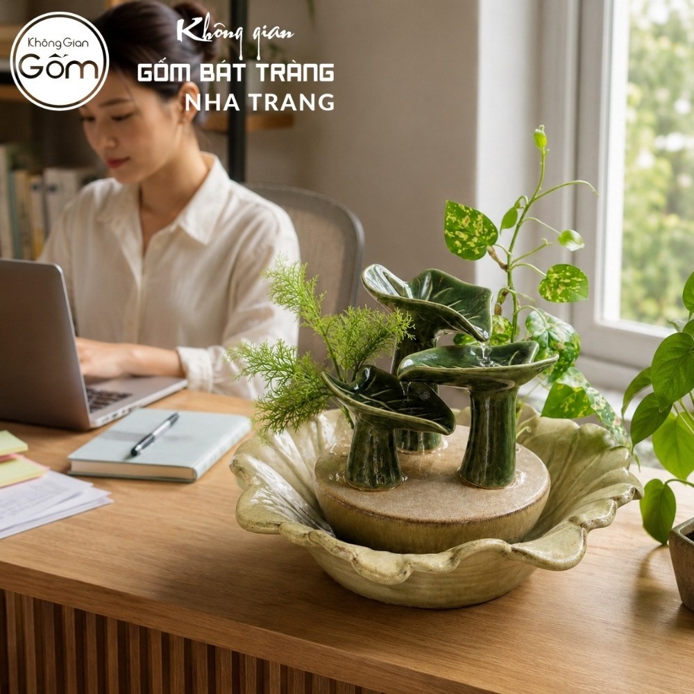 Thác nước tiểu cảnh để bàn Bích Diệp Lưu Thuỷ men xanh lá hoả biến NT-TN01 - Chi tiết 5