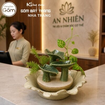 Thác nước tiểu cảnh để bàn Bích Diệp Lưu Thuỷ men xanh lá hoả biến NT-TN01 - Chi tiết 6