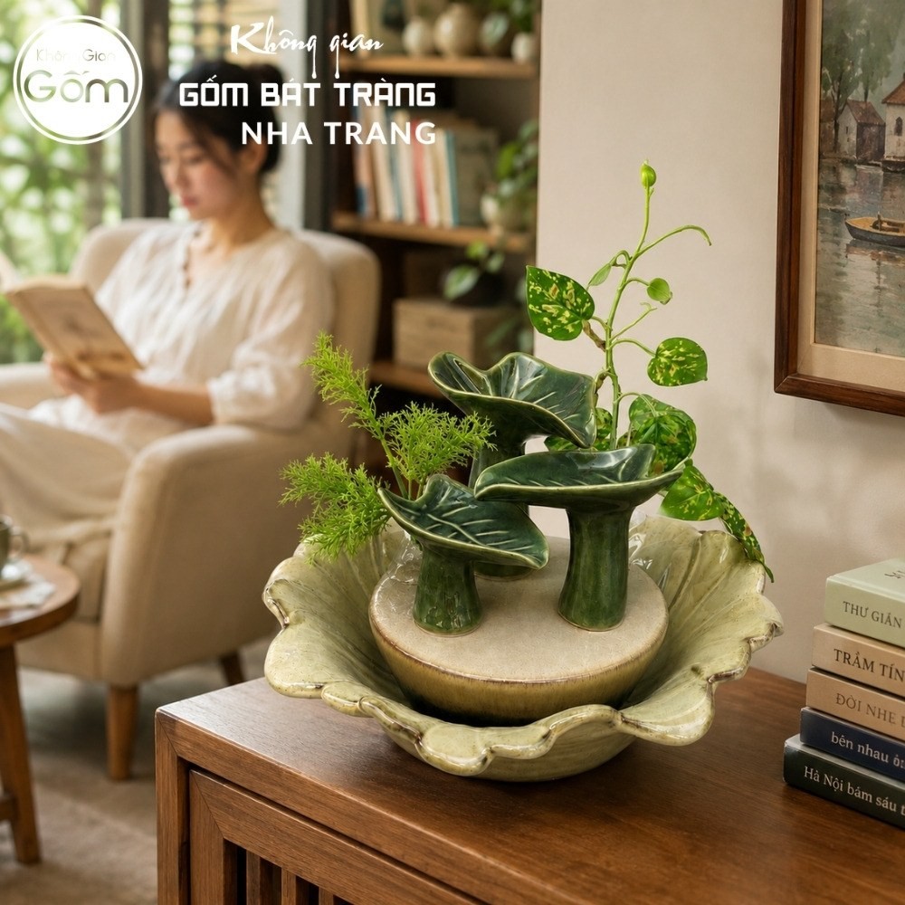 Thác nước tiểu cảnh để bàn Bích Diệp Lưu Thuỷ men xanh lá hoả biến NT-TN01 - Chi tiết 7