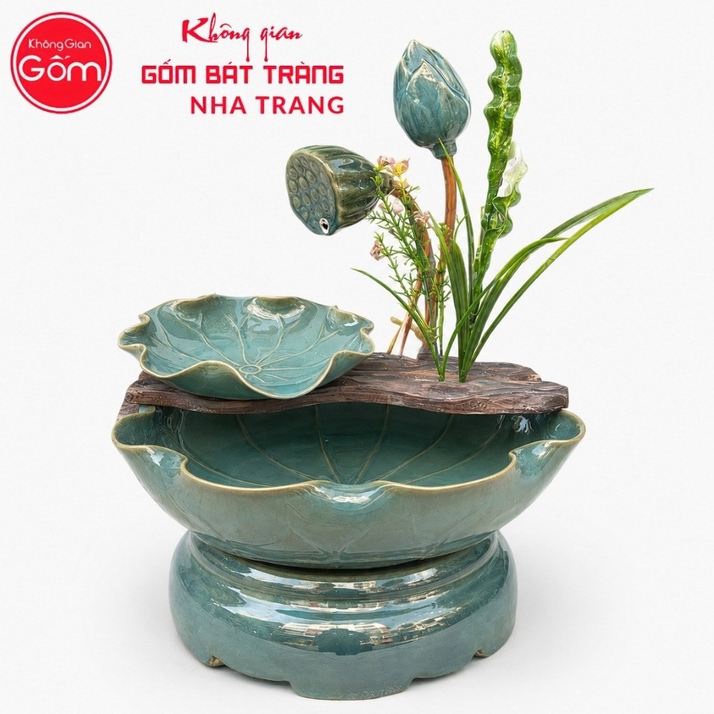 Thác nước tiểu cảnh để bàn Bích Ngọc Liên Hoa men xanh ngọc bích hoả biến NT-TN02 - Chi tiết 1