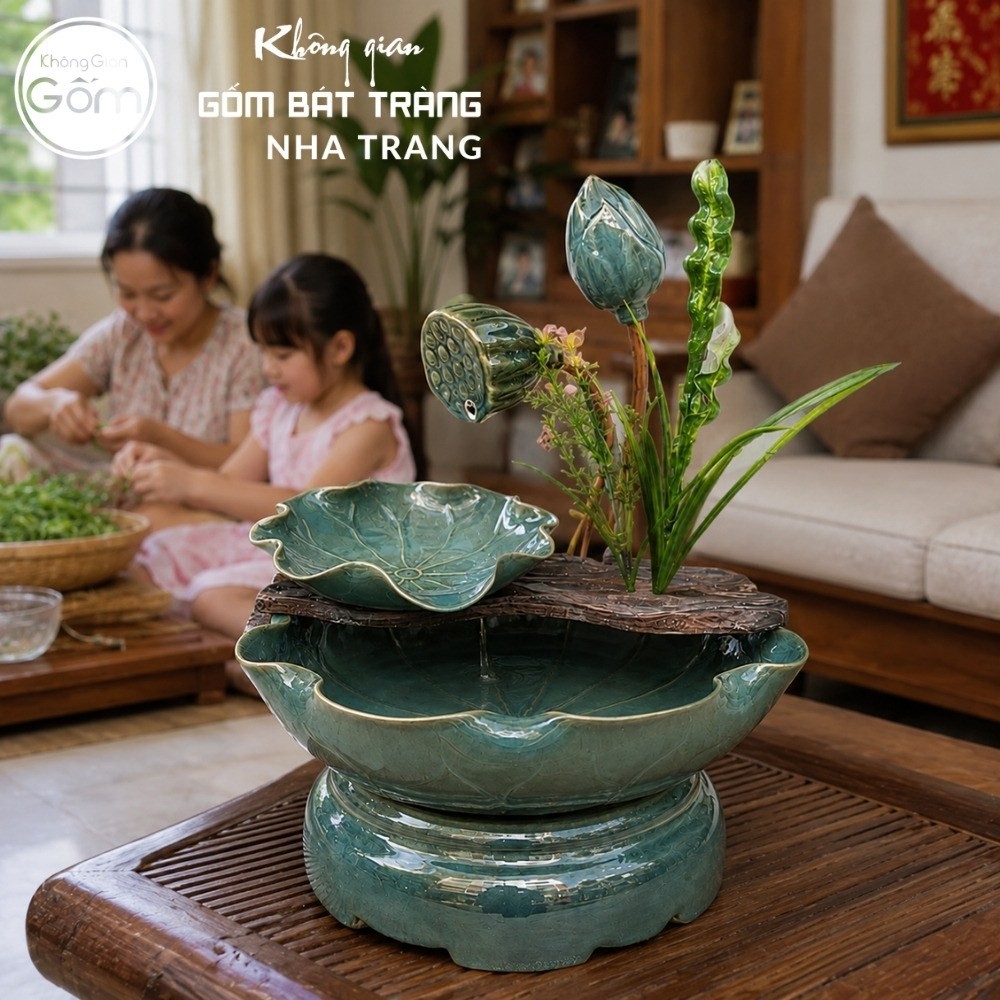 Thác nước tiểu cảnh để bàn Bích Ngọc Liên Hoa men xanh ngọc bích hoả biến NT-TN02 - Chi tiết 2