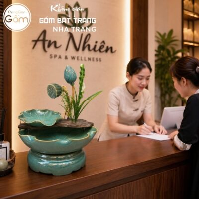 Thác nước tiểu cảnh để bàn Bích Ngọc Liên Hoa men xanh ngọc bích hoả biến NT-TN02 - Chi tiết 3