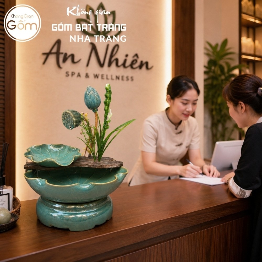 Thác nước tiểu cảnh để bàn Bích Ngọc Liên Hoa men xanh ngọc bích hoả biến NT-TN02 - Chi tiết 3