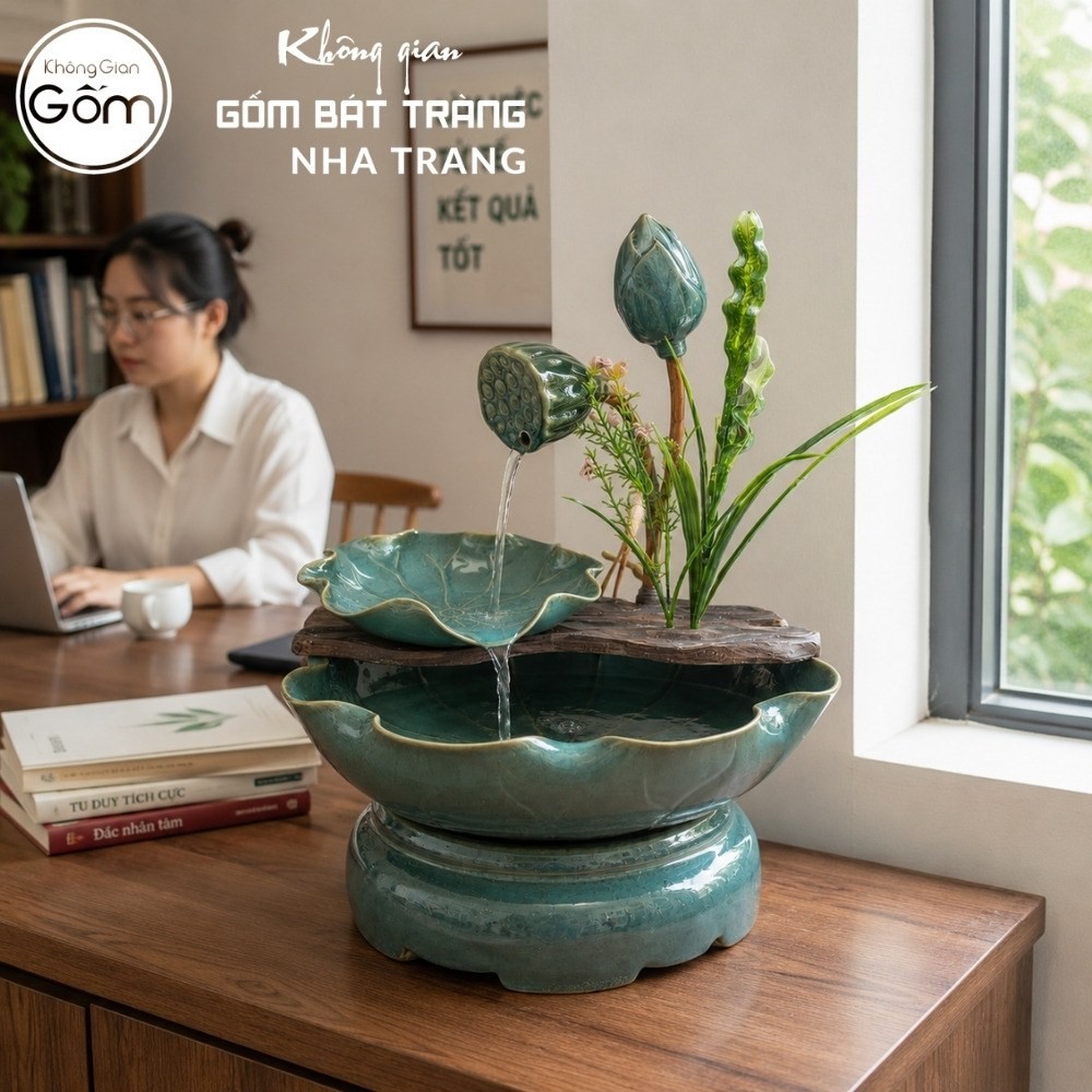 Thác nước tiểu cảnh để bàn Bích Ngọc Liên Hoa men xanh ngọc bích hoả biến NT-TN02 - Chi tiết 4