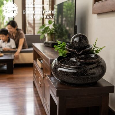Thác nước tiểu cảnh để bàn Huyền Thạch Lạc Tuyền men nâu đen tinh sa NT-TN03 - Chi tiết 2