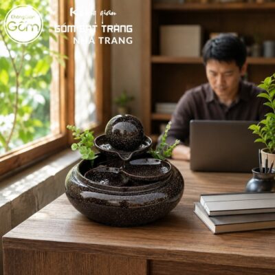 Thác nước tiểu cảnh để bàn Huyền Thạch Lạc Tuyền men nâu đen tinh sa NT-TN03 - Chi tiết 4