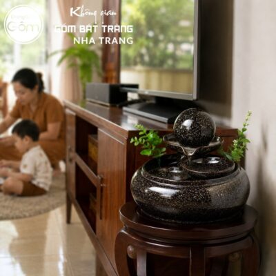 Thác nước tiểu cảnh để bàn Huyền Thạch Lạc Tuyền men nâu đen tinh sa NT-TN03 - Chi tiết 5