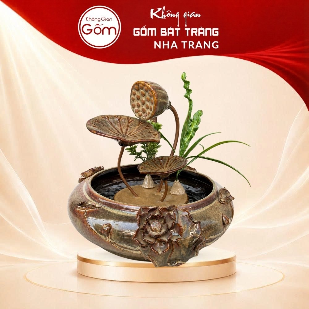 Thác nước tiểu cảnh để bàn Kim Liên Tụ Thuỷ men nâu hoả biến NT-TN04