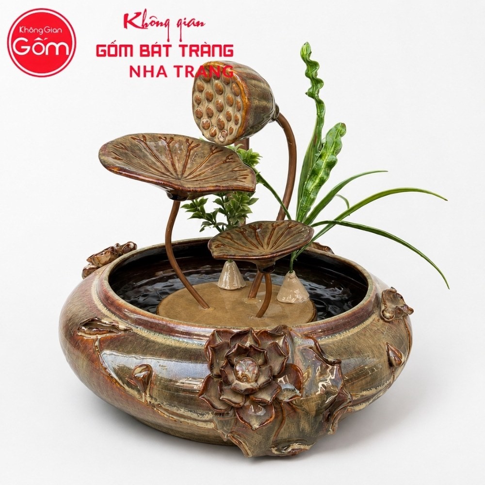 Thác nước tiểu cảnh để bàn Kim Liên Tụ Thuỷ men nâu hoả biến NT-TN04 - Chi tiết 1
