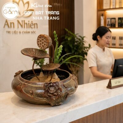 Thác nước tiểu cảnh để bàn Kim Liên Tụ Thuỷ men nâu hoả biến NT-TN04 - Chi tiết 2