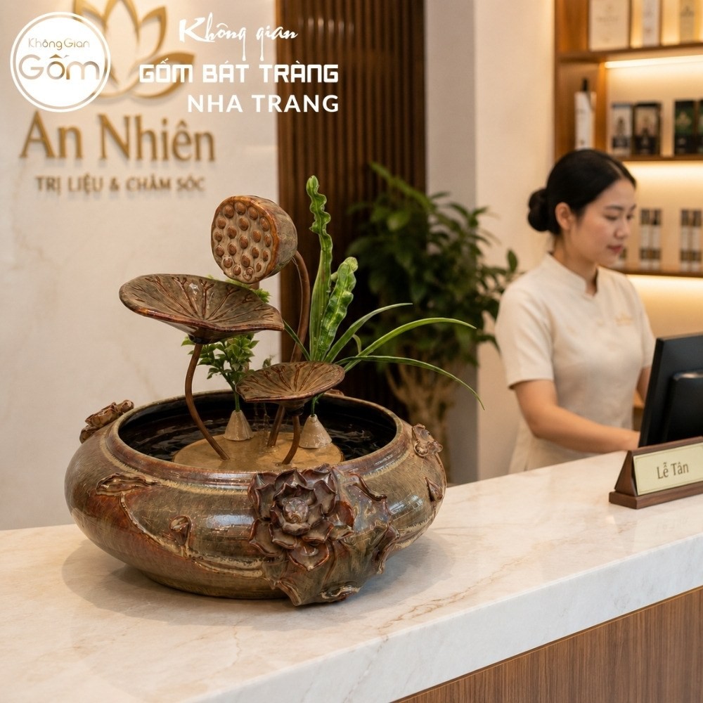 Thác nước tiểu cảnh để bàn Kim Liên Tụ Thuỷ men nâu hoả biến NT-TN04 - Chi tiết 2