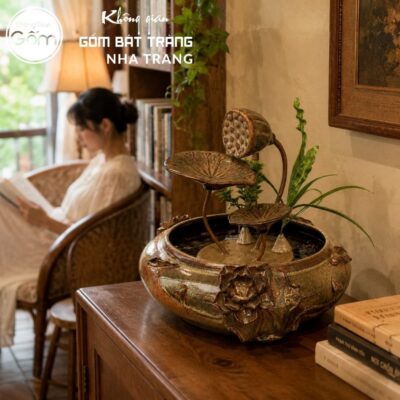 Thác nước tiểu cảnh để bàn Kim Liên Tụ Thuỷ men nâu hoả biến NT-TN04 - Chi tiết 3