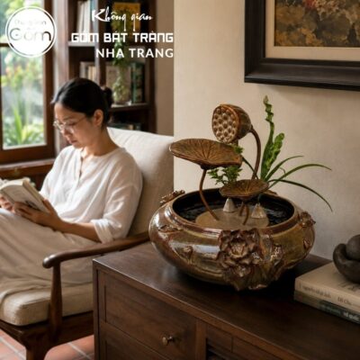 Thác nước tiểu cảnh để bàn Kim Liên Tụ Thuỷ men nâu hoả biến NT-TN04 - Chi tiết 4