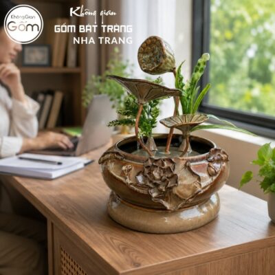 Thác nước tiểu cảnh để bàn Mộc Trầm Liên Đài men nâu trầm hoả biến NT-TN05 - Chi tiết 3