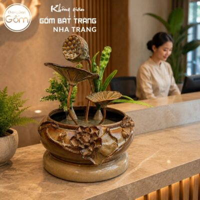 Thác nước tiểu cảnh để bàn Mộc Trầm Liên Đài men nâu trầm hoả biến NT-TN05 - Chi tiết 5