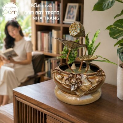 Thác nước tiểu cảnh để bàn Mộc Trầm Liên Đài men nâu trầm hoả biến NT-TN05 - Chi tiết 6