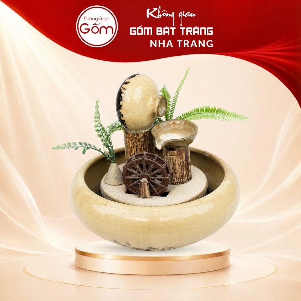 Thác nước tiểu cảnh để bàn Thuỷ Luân Sinh Tài men kem hoả biến NT-TN07
