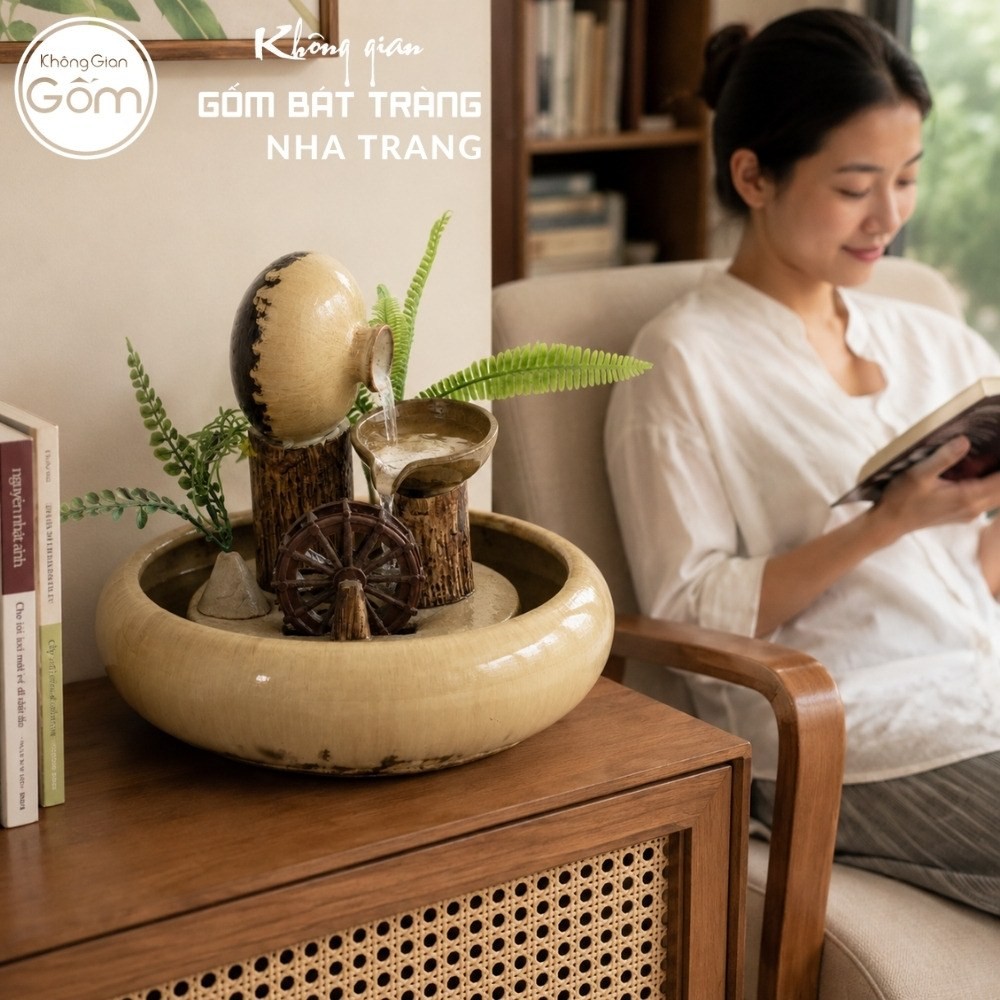 Thác nước tiểu cảnh để bàn Thuỷ Luân Sinh Tài men kem hoả biến NT-TN07 - Chi tiết 2