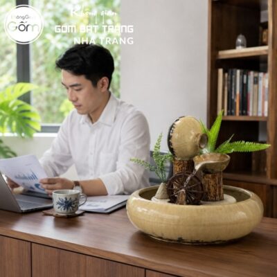 Thác nước tiểu cảnh để bàn Thuỷ Luân Sinh Tài men kem hoả biến NT-TN07 - Chi tiết 3