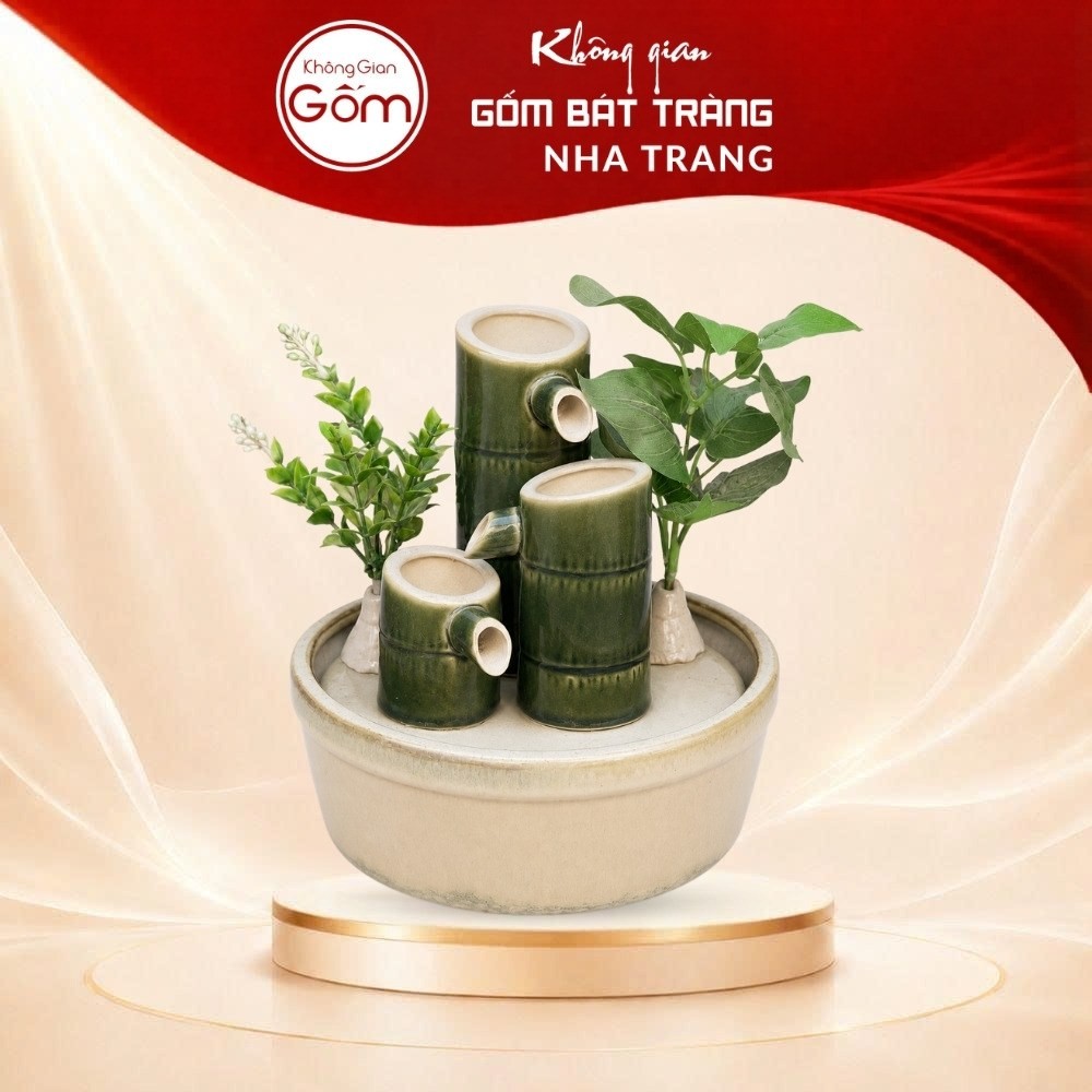 Thác nước tiểu cảnh để bàn Trúc Tiết Sinh Tài men kem hoả biến NT-TN08