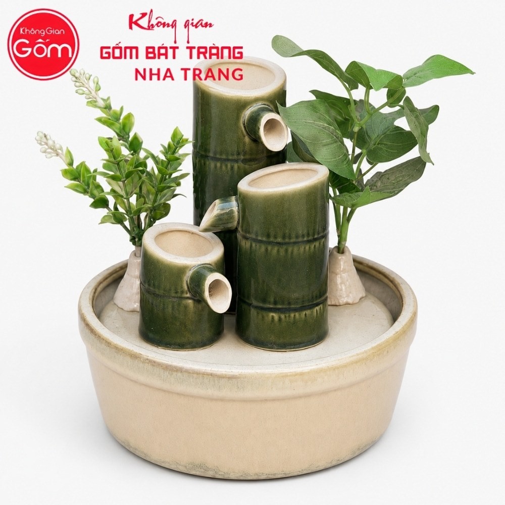 Thác nước tiểu cảnh để bàn Trúc Tiết Sinh Tài men kem hoả biến NT-TN08 - Chi tiết 1