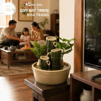 Thác nước tiểu cảnh để bàn Trúc Tiết Sinh Tài men kem hoả biến NT-TN08 - Chi tiết 2