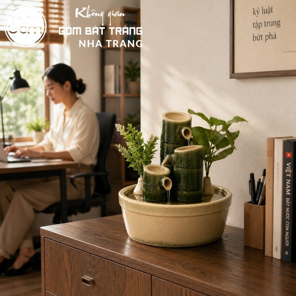 Thác nước tiểu cảnh để bàn Trúc Tiết Sinh Tài men kem hoả biến NT-TN08 - Chi tiết 3