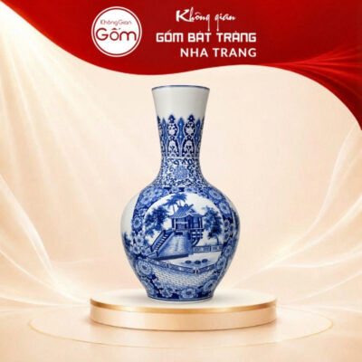 Tỏi bình Bát Tràng men lam vẽ cảnh di tích lịch sử cao 72cm NT-TB01