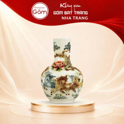 Tỏi bình phong thủy đắp nổi Mã Đáo Thành Công men kem NT-TB05