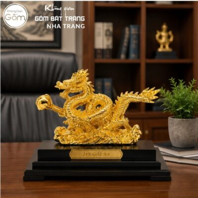 Tượng Rồng dâng ngọc chất liệu đồng mạ vàng 24K cao cấp NT-TLV01 - Chi tiết 2